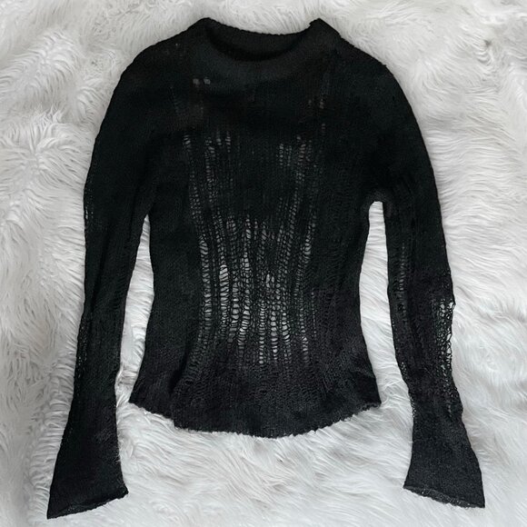 Black Loose / Open Knit Distressed Sweater Size Small - Picture 1 of 4